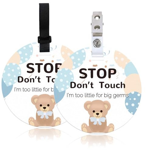 ORIGACH 2 Pack No Touching Baby Stroller Tag Set, Bear Pattern Stop Touching Baby Car Seat Carrycot Sign with Hanging Straps and Clip, No Touch Baby Safety Sign for Newborn Baby Girl Boy