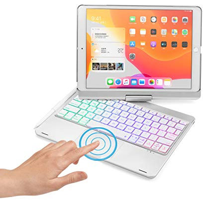 HENGHUI 360° Rotatable Touch Keyboard for iPad 9th 8th 7th Generation, iPad Air 3rd Gen Pro 10.5 inch Backlight Keyboard Built‑in Trackpad, Bluetooth Foldable Keyboard Cover, Silver