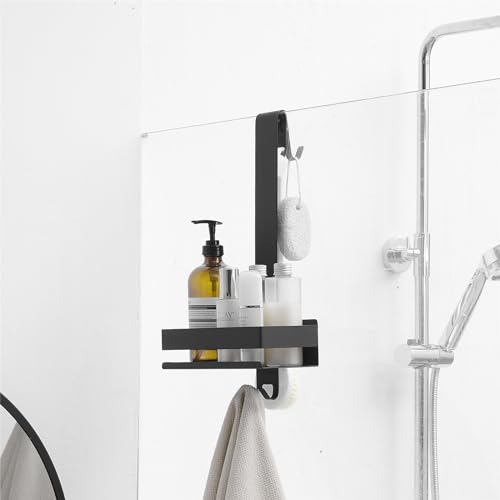 Kelelife Étagère de douche à suspendre sur la porte de douche, noir mat, sans perçage, avec crochets