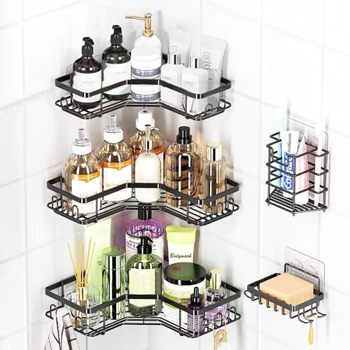 WateryWave Corner Shower Caddy, Bathroom Storage, Bathroom Shelves Organiser No Drilling Adhesive Mounted, Bathroom & Kitchen Storage Accessories, L-Shaped, 5 Pack, Black (L)