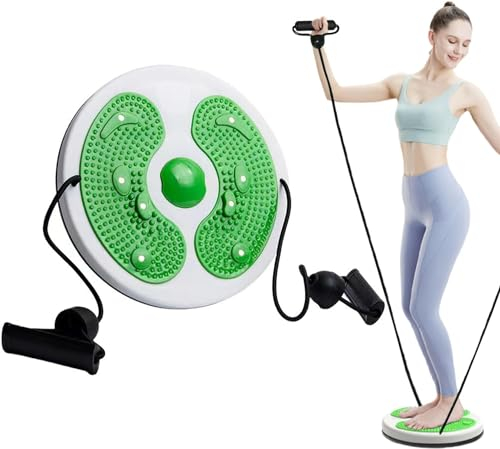 Twist Waist Disc Balance Board with Drawstring - Body Shaping Waist Twisting Disc - Fitness Turntable for Home Workout, Waist Wriggling Plate with Resistance Bands and Foot Massage (Green)