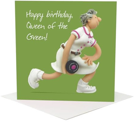 Holy Mackerel Queen of the Green card - a female crown green bowls themed birthday card by Erica Sturla with an image of her polymer clay figures - 15cm square and blank inside - made in the UK