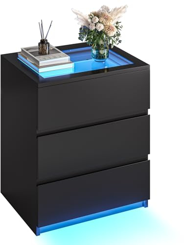 AOGLLATI Nachttisch mit LED-Beleuchtung, Beistelltisch, 3 Schubladen, Holz Nachtschrank für Schlafzimmer, Wohnzimmer, Arbeitszimmer, Schwarz