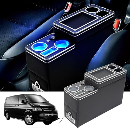QSULNN Upgrade Mittelkonsole mit Ablagen Staufach Kompatibel mit VW T4 T5 T6 T6.1 T7 Alle Modelle ab 2003-2019, Glanz Leder Zubehör Getränke Telefonhalter mit USB- und LED-Leuchten, Schwarz