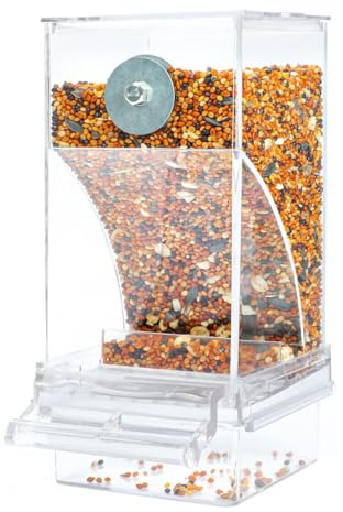 Hoquare No Mess Bird Feeder, Acrylic Automatic Parrot Feeder Cage, Transparent Seed Food Dispenser Cage Accessories for Small Birds Parakeets Cockatiels
