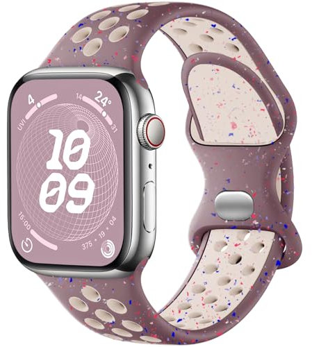 Upeak Sport Cinturino Compatibile con Cinturino Apple Watch 40mm 41 mm 38mm, Bracciale Silicone Traspirante con Fiocchi Colorati, per iWatch Ultra SE Serie 9 8 7 6 5 4 3 2 1, L, Viola fumé/Rosa