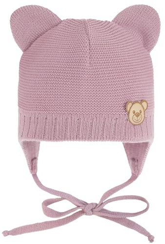 CiuchCiuch Baby-Mütze mit Ohren zum Binden Bär - Wintermütze Mädchen Jungen Baby Kinde- Für Weihnachten - Zur Taufe - 100% Acryl - Futter aus Baumwolle und Elasthan - Lila 36-38 cm