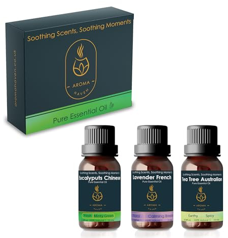 Aroma Haven Essential Oils Diffuser Oil Set 3 x 10ml Aromatherapy, 100% Pure & Natural Lavender, Tea Tree, Eucalyptus Oils Diffusers for Home Scents, Fragrance for Soap and Candle, Wax Oil Burner