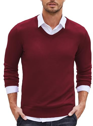 COOFANDY Pull Homme Col en V Maille Fine Coupe Slim Pull Manches Longues Pull Tricoté Pull Basique Automne Tops Vin Rouge M