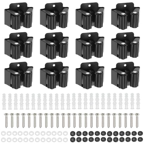PATIKIL Broom and Mop Holder, 24 Pack Wall Mounted Stainless Steel Mop Hanger Heavy Garden Tool Organizer Rack Hanging Clips with Screws for Home Garage, All Black