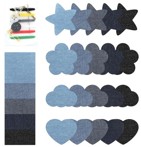 Svalor 25 Stück Bügelflicken, Jean Flicken zum Aufbügeln, Aufbügelflicken mit Verschiedenen Mustern und Nähzubehör, Jeans Flicken zum Aufbügeln Innen für Jacken Taschen Lochreparatur Dekoration