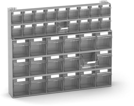 Fami - Pannello Porta Minuteria da Muro per Garage e Officina, 36 Cassetti Trasparenti Visual Box di Due Dimensioni, 5 Cassettiere Modulabili, Scaffale Porta Viti, Dimensioni: 60,2 x 11,4 x 50 cm