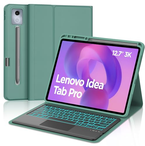 Occtingkind Lenovo Idea Tab Pro 12.7 Premium Case with Keyboard, 7-Colour LED & Trackpad, Removable Bluetooth Keyboard for Lenovo Xiaoxin PadPro 12.7 Inch TB373FU 2025 & Moto Pad 60 Pro, Emerald Green