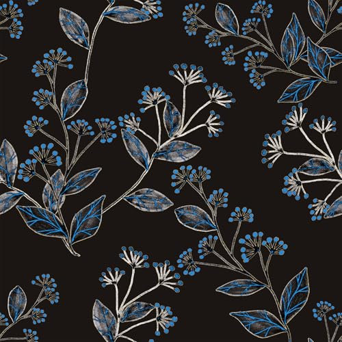 VaryFloral Black Self Adhesive Wallpaper 30.5cmx300cm Blue Floral Pattern Contact Paper Blue Leafy Branch Floral Wall Paper Roll Vinatge Sticky Back Plastic Decoupage Paper for Furniture Decor Room