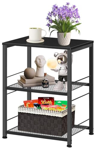 Nandae Side Table, 3 Tire Bedside Table with Wheels, Nightstand Tables with Wooden Top & Wire Mesh Shelves for Living Room, Bedroom, Sofa Black