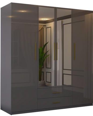 High Gloss & Mirror Hinged Wardrobe with Shelves, Drawer & Hanging Rail (Grey, 160cm)