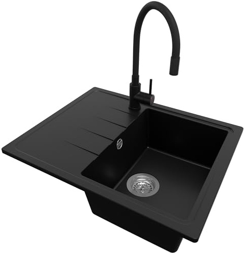 PRIMAGRAN Granitspüle ab 40er Unterschrank + Küchenarmatur, 62x50cm | Set: Küchenarmatur BW6020 + Ablauf-Set (Siphon, Ablaufgarnitur, Überlauf) + Spülbecken 1 Becken - Mailand, Schwarz