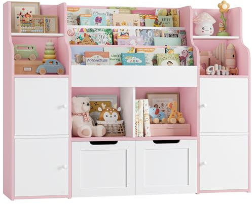 FOREHILL Toy Storage Unit 3-tier Kids Bookshelf Childrens Bookcase Kids Storage with 4 Doors, 6 Open Shelves, 2 Drawers with Wheels for Playroom Nursery Furniture 122x30x100cm White+Pink