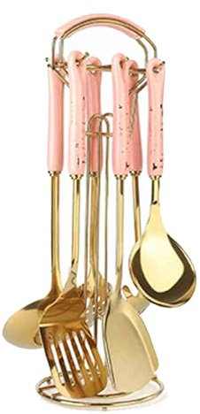 Delaman Set di 7 utensili da cucina in acciaio inox, con manico in ceramica, spatole e cucchiai, rosa e oro, include spatola, mestolo e altro ancora