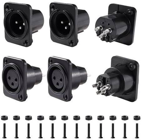 KUOQIY 6 Pezzi XLR Montaggio a Pannello Audio Adattatore, XLR Maschio Femmina Jack per Montaggio a Pannello Telaio Serie D, con Viti, Alloggiamento in Plastica Nero