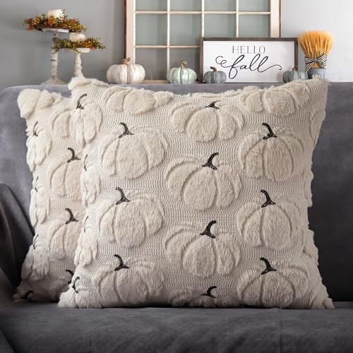 Fall Pillow Covers 18x18 Set of 2 Beige Pumpkin Decorations for Home