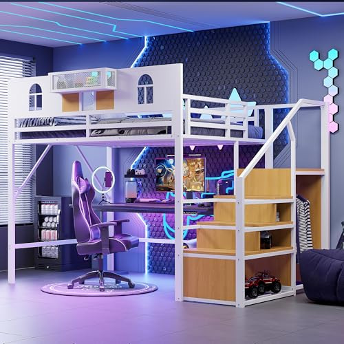 ZIDEY Hochbett Metall 140x200 mit Stauraum Treppe, für Kinder, Jugendliche und Erwachsene, Metallrahmen, Metallbett Etagenbett, Bettgestell,Ohne Matratze,Weiß