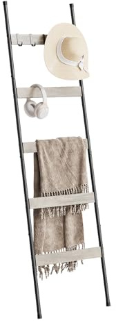 5 Tier Towel Ladder with Wood Grain Accents, Metal Leaning Towel Rack | 160cm/5.2ft Rustic Throw Ladder, Industrial Shabby Chic Decorative Rack for Bathroom & Living Room, White Oak 1 Pack