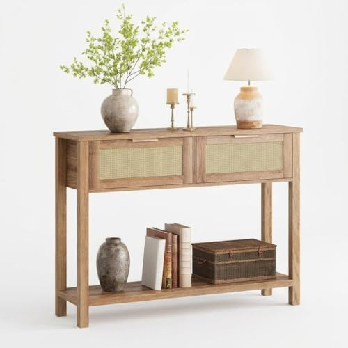 RBFGYIOP Consolle ingresso boho in rattan e legno - 2 cassetti, 2 ripiani - Tavolo stretto salvaspazio per salotto, corridoio o ingresso - Finitura rovere caramello recuperato - Colore: 25 years brown