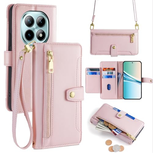 betterfon Handyhülle mit Portemonnaie für Xiaomi Redmi Note 15 4G / 5G - Tasche mit Reißverschluss, 5 Kartenfächer und 2 abnehmbare Ketten,Rosa