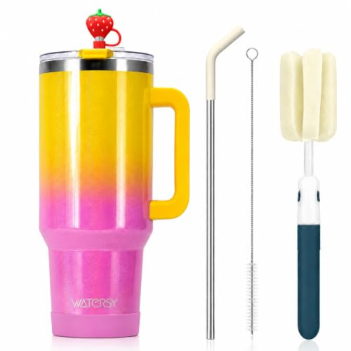 LeuKoles 40oz Watersy Thermobecher mit Griff und Strohhalm, doppelwandiger Edelstahl Kaffeebecher to Go (34h kalt haltend), Vakuum Trinkbecher für Tee, kalte Getränke und Kaffee (Gelber Farbverlauf)