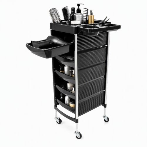 Friseurwagen Rollwagen 6 Ebenen 8kg 52,5  x  37  x  90  cm | 360° Rollen, 5 Herausnehmbare Schubladen, Obere Ablage mit Föhnhalter, Verdickte Edelstahlstreben