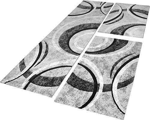 Paco Home Bettumrandung Teppich mit Konturenschnitt Grau Schwarz Creme Läuferset 3 TLG., Grösse:2mal 60x110 1mal 80x300