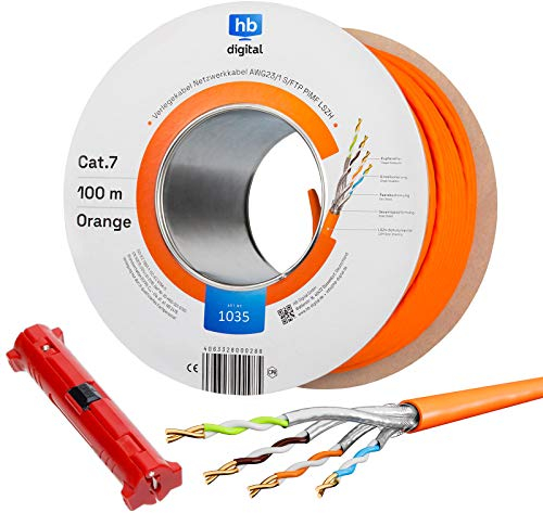 hb-digital 100m Cable de red CAT.7 Cable de instalación LAN AWG 23 Cobre puro S/FTP PiMF LSZH Ethernet que cumple con RoHS Cable de datos PoE 10Gbit/s máx. 1000MHz Naranja + Pelacables