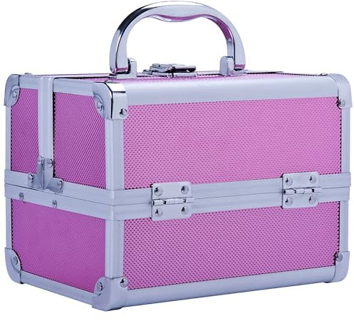 HOMCOM Maletín Maquillaje Profesional Estuche de Cosmético Portátil con Bandejas de 3 Niveles y Espejo 2 Llaves para Joyero Manicura Viaje 20x15x15 cm Rosa