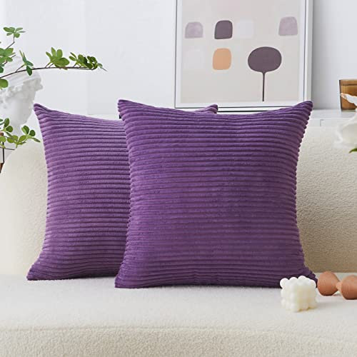Home Brilliant Sofa Cushion Covers Purple Throw Pillows for Bed Supersoft Striped Corduroy Decorative Cushion Cover for Chair, Eggplant, (45 x45 cm, 18inch), 2 Pieces