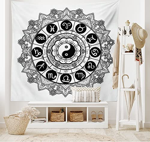 ABAKUHAUS Zen Wandteppich, Mandala-Kunst-Harmonie aus Weiches Mikrofaser Stoff Waschbar ohne Verblassen Digitaldruck, 150 x 110 cm, Schwarz Weiß