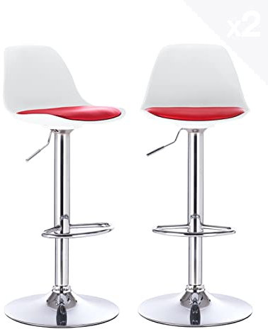 KAYELLES Lot de 2 tabourets de Bar Design Coussin Simili Cuir rembourré, Repose Pieds, réglable en Hauteur et pivotant 360° Pied Chrome SIG (Blanc - Rouge)
