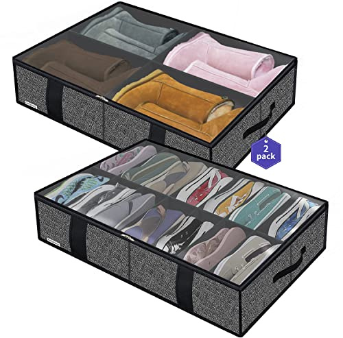 Onlyeasy 2 Pack Under Bed Shoes Storage Bag Organizer (14+4 Pairs), Collapsible Shoe Boot Container with Handles, Underbed Storage Solution for Kids & Adults, 86x60x15cm, Linen-like Black, MXAUBS14S4