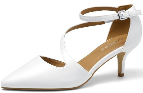 Greatonu Womens Court Shoes D'Orsay Ankle Strap Low Kitten Heel Dress Pumps Wedding Bridal White UK 5