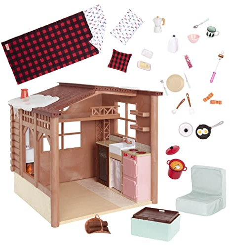 Our Generation Puppenhaus mit Puppenzubehör – Winter Holz Waldhütte mit Kamin, Küche, Bett – Puppen Zubehör Weihnachten, Spielzeug Möbel Set ab 3 Jahren