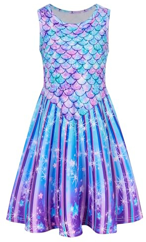 AIDEAONE Mädchenkleid, ärmellos, Rundhalsausschnitt, niedlich, lässig, Bedruckt, Partykleid, Sommerkleid Gr. 10-12 Jahre, Meerjungfrau Neu 12