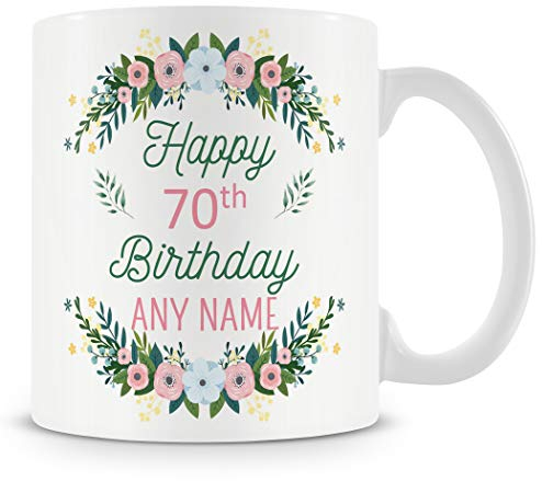 70th Birthday Gift for Women - Birthday Flowers Design Personalised Mug/Cup - Add Name