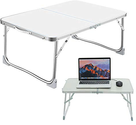 White Folding Laptop Bed Table, Portable Lap Standing Desk, Notebook Stand Reading Holder, Foldable Breakfast Serving Bed Tray, for Sofa, Bed, Terrace, Balcony, Garden, Study - 60x40×26 cm