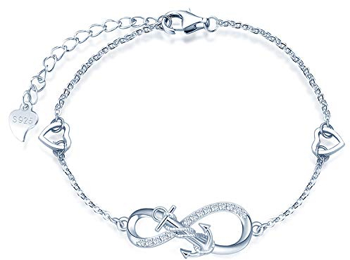 MicLee Damen Einfach Armband Zirkonia 925 Sterling Silber Allergenfrei Anker Unendlichkeit Zeichen Zwei Herzen Armreif Armkette mit Geschenkbeutel Super Geschenk für Mutter Freundin