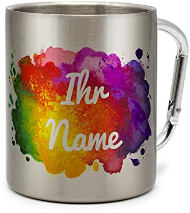 printplanet® - Edelstahltasse mit Karabinerhaken mit Namen bedrucken - Namenstasse selbst gestalten - Motiv Color Paint