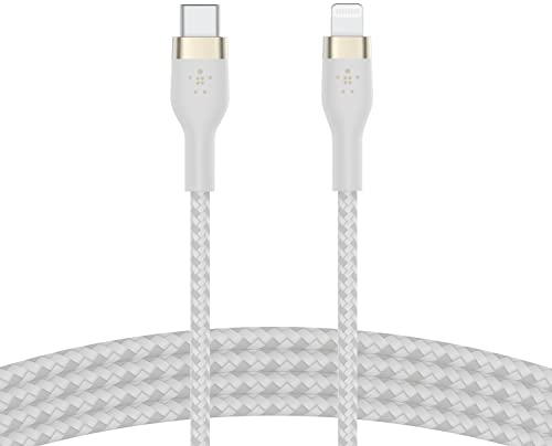 Belkin Câble à gaine tressée USB-C vers Lightning BoostCharge Pro Flex (2 m), certifié MFi (20 W), recharge Power Delivery pour iPhone 14/14 Plus, 13, 12, Pro, Max, mini, SE, iPad, etc. (blanc)