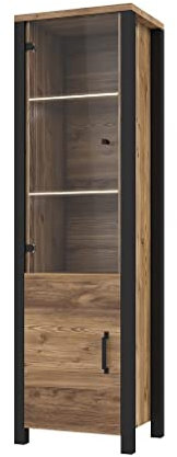 Furniture24 Vitrine OLIN 05 Wohnzimmerschrank Appenzeller Fichte/Schwarz matt Vitrinenschrank Schrank (mit Beleuchtung)