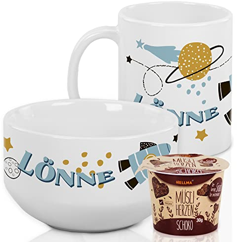 GRAZDesign Kindergeschirr Set Frühstücksset Kinder personalisiert mit Namen Müslischale mit Tasse 3-teiliges Geschirrset - Geschenk (Rakete im Weltall, Frühstücksset aus Keramik)
