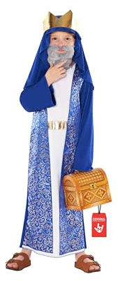 Morph Nativity King Costume Kids, Christmas Costume for Kids | Blue Robe, Metallic Print Waistcoat, Matching Headpiece, Golden Crown Included, Perfect for Christmas, Fun for Fancy Dress