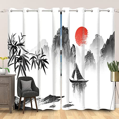 SDOTPMT 53x160cm Japonais Rideau de fenêtre Brumeux Montagne Bateau Soleil Bambou Feuille Oriental Traditionnel Encrer Peinture Rideaux Opaques pour Salon Chambre Rideaux occultants, 2 Panneaux